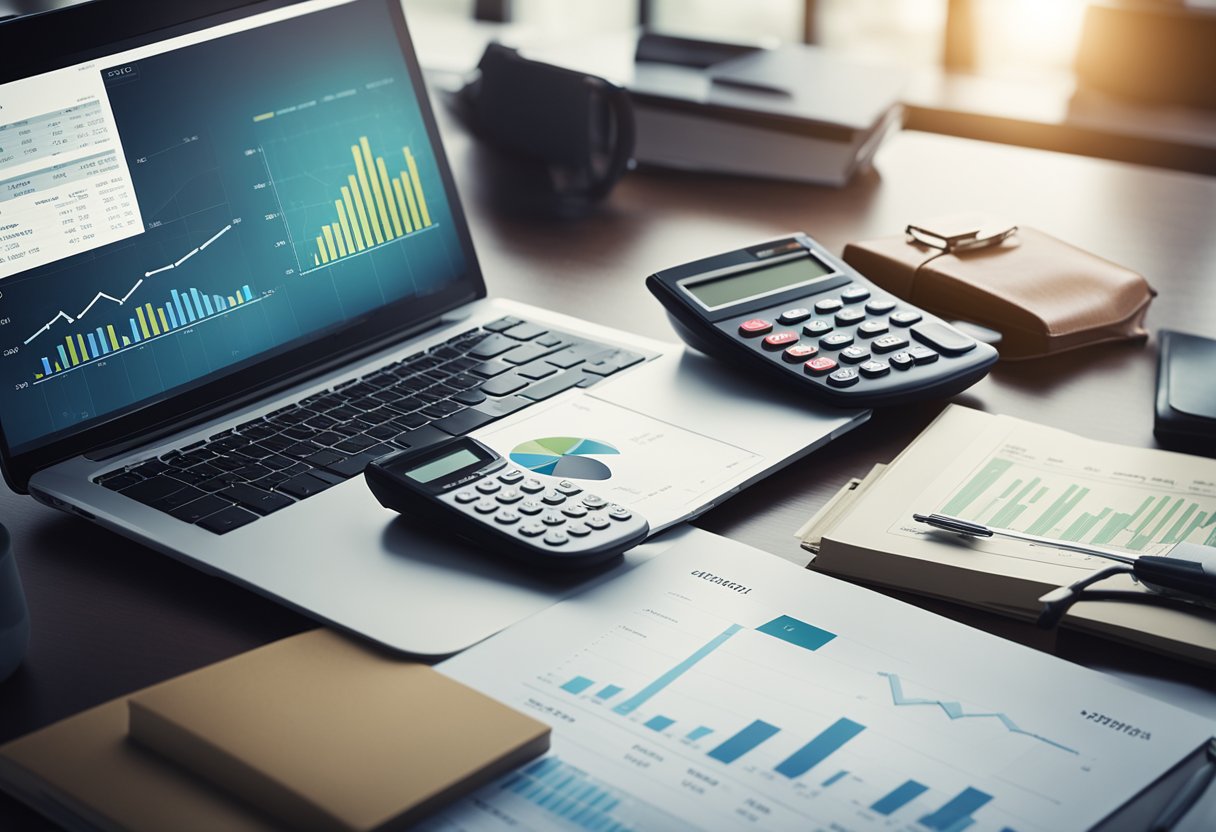 A modern office desk with a laptop, calculator, and financial reports. A business savings account brochure and growth graph displayed prominently