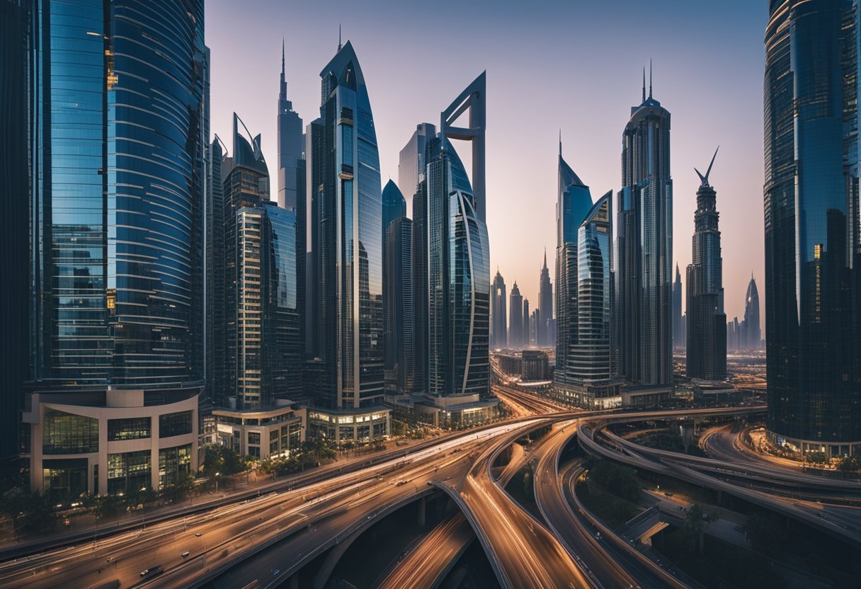 A bustling cityscape with iconic Dubai skyscrapers in the background. A sleek, modern office with expat clients receiving expert financial guidance