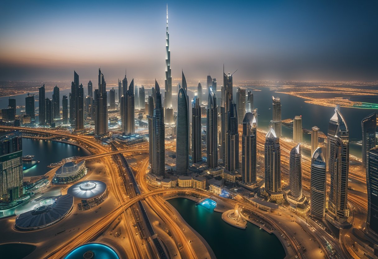 A bustling cityscape of Dubai with iconic skyscrapers and financial institutions, surrounded by a mix of traditional and modern architecture, reflecting the diverse expat community