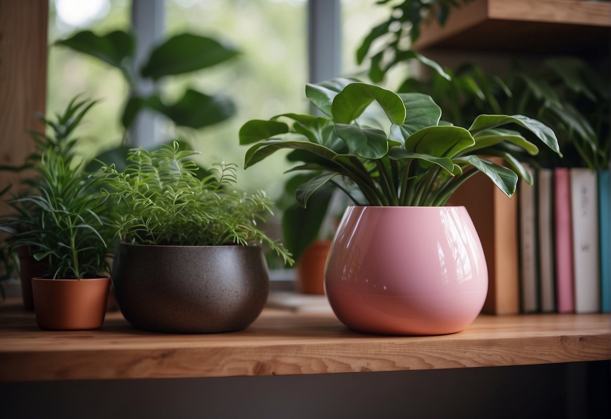 A pink ceramic pot sits on a wooden shelf, surrounded by lush green plants