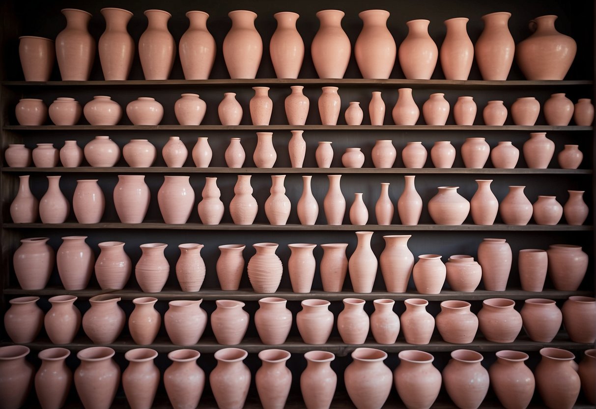 A display of pink ceramic pots arranged in a historical timeline, from ancient to modern, showcasing the evolution of pottery craftsmanship