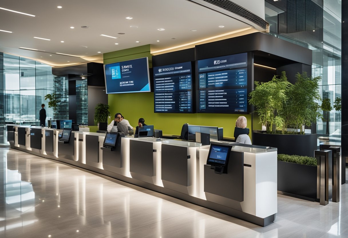 A modern, sleek bank branch in the UAE with a digital display showcasing the top 7 reasons to open a business account in 2024. The branch is filled with professional-looking individuals conducting financial transactions