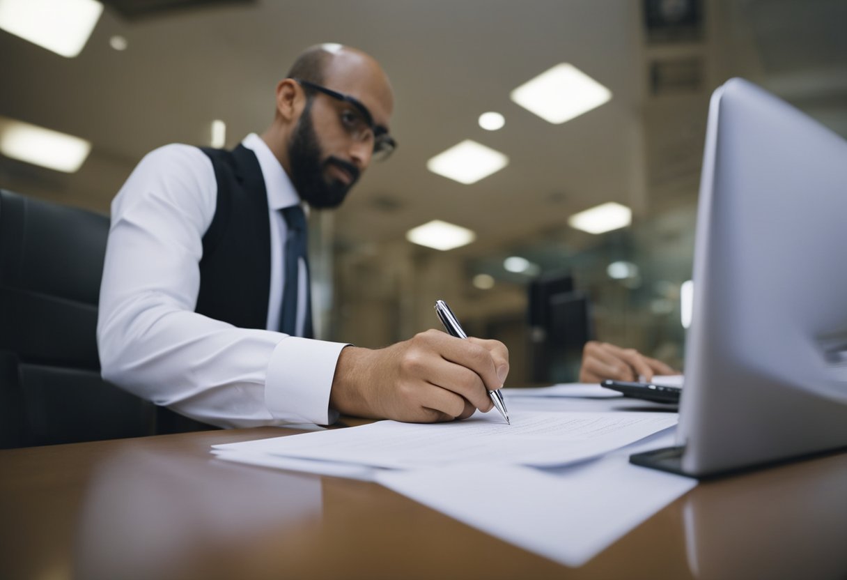 A business owner submits documents and fills out forms at a UAE bank. The bank staff verifies the information and guides the owner through the account opening process