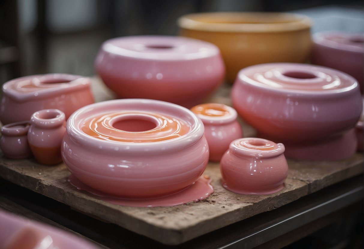 Molten pink ceramic poured into mold, cooled, glazed, and fired in kiln
