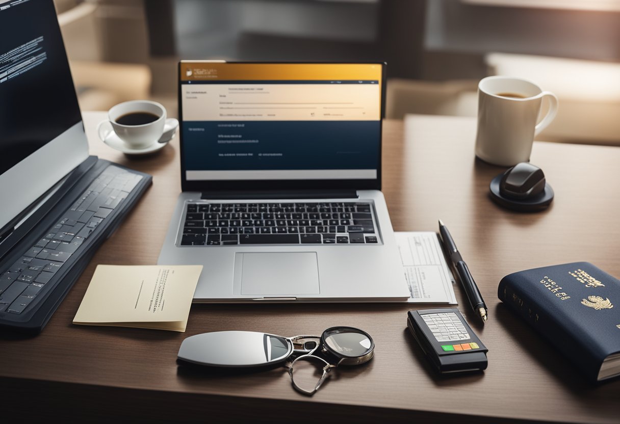 A desk with a laptop, passport, visa, trade license, memorandum of association, Emirates ID, and a completed bank account application form