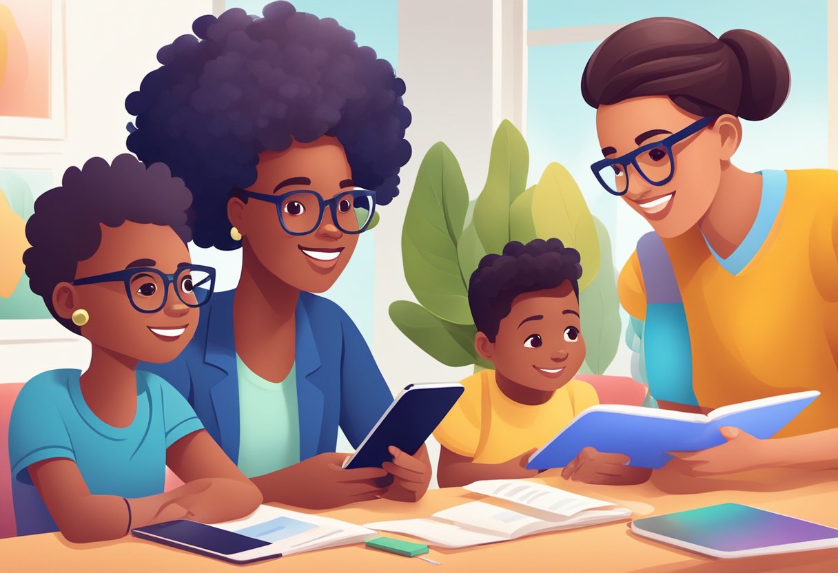 A diverse group of educators and parents examine educational apps, comparing features and discussing quality criteria