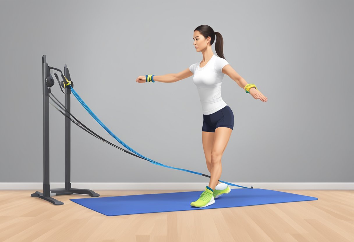 A foot is shown doing exercises with resistance bands to strengthen the arch. The foot is positioned on a flat surface, with the bands looped around the toes and anchored on the floor