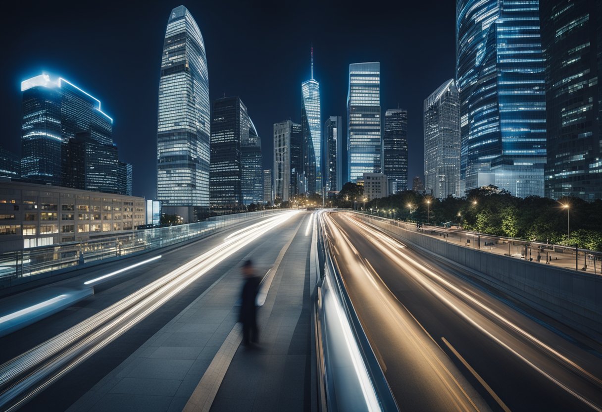 A bustling cityscape with iconic skyscrapers in the background, a row of modern bank buildings with sleek architecture, and a line of business professionals entering and exiting the banks