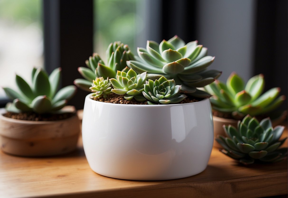 A white ceramic planter sits on a wooden shelf, filled with vibrant green succulents and surrounded by natural light