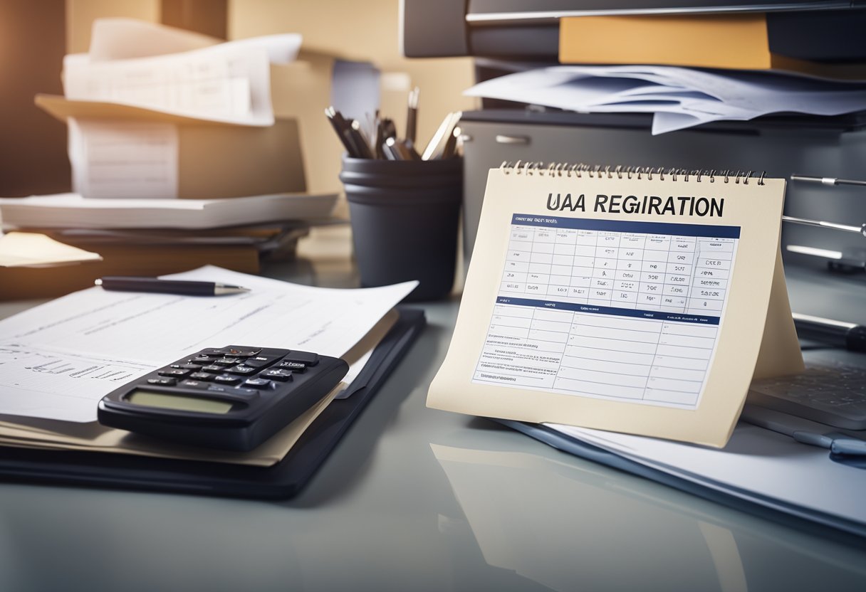 A cluttered desk with paperwork, a computer, and a UAE tax registration form. An organized file cabinet and a calendar on the wall