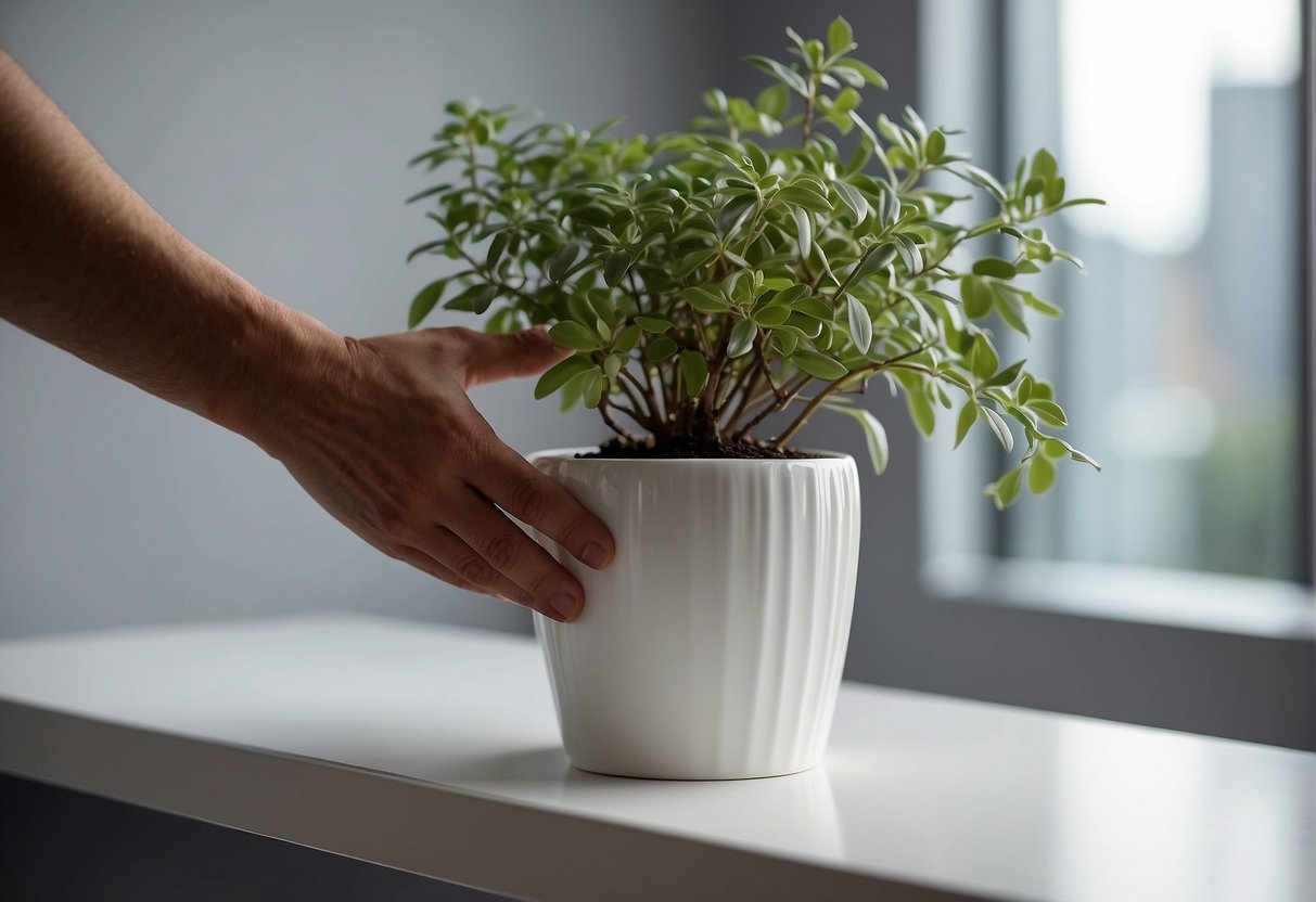 A hand reaches for a sleek white ceramic planter on a shelf. The planter is simple and elegant, with a smooth surface and clean lines