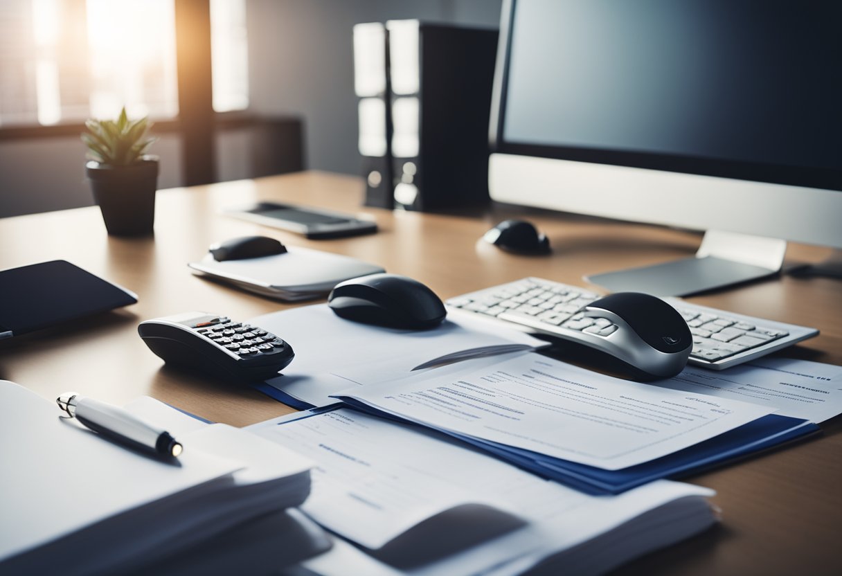 A desk with paperwork, computer, and official documents for UAE Corporate Tax Registration process