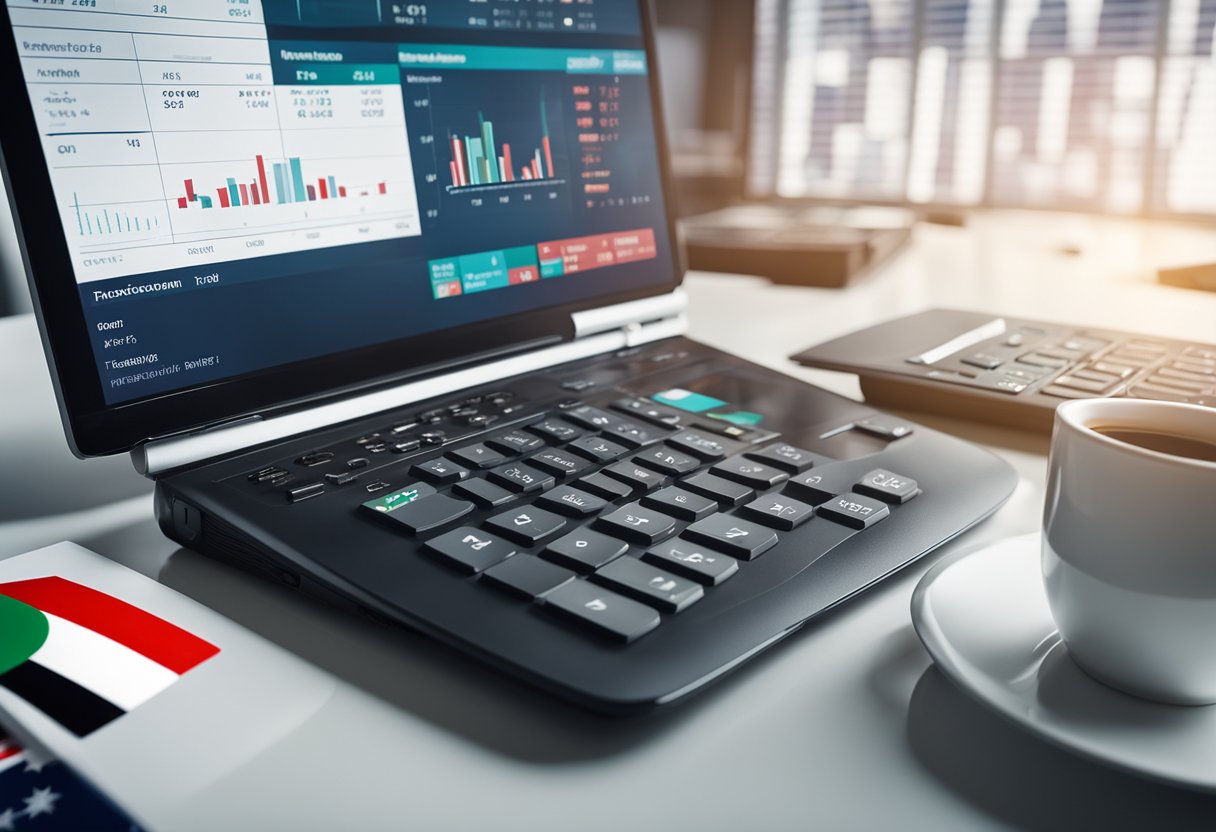 An office desk with a laptop, calculator, and financial documents. UAE flag in the background. Charts and graphs on the wall. Phone and pen on the desk