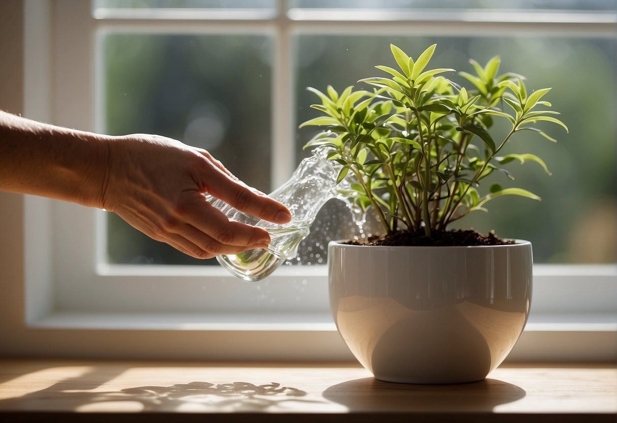 A hand pouring water into a white ceramic planter filled with soil and a small green plant, placed on a sunny windowsill