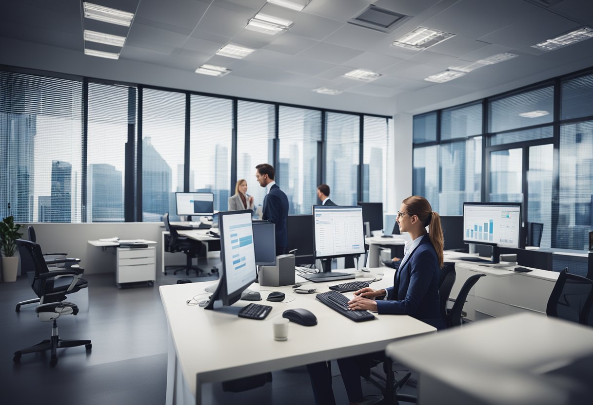 A modern office setting with a team of accountants working on computers, surrounded by charts and graphs. A sign on the wall reads "Outsourced Accounting Services"