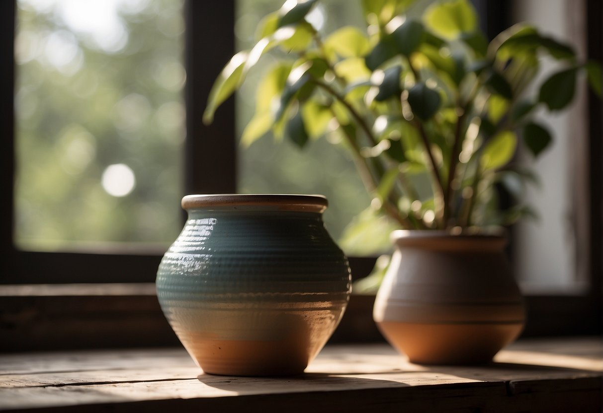 A small ceramic pot sits on a weathered wooden table, catching the soft light filtering through a nearby window