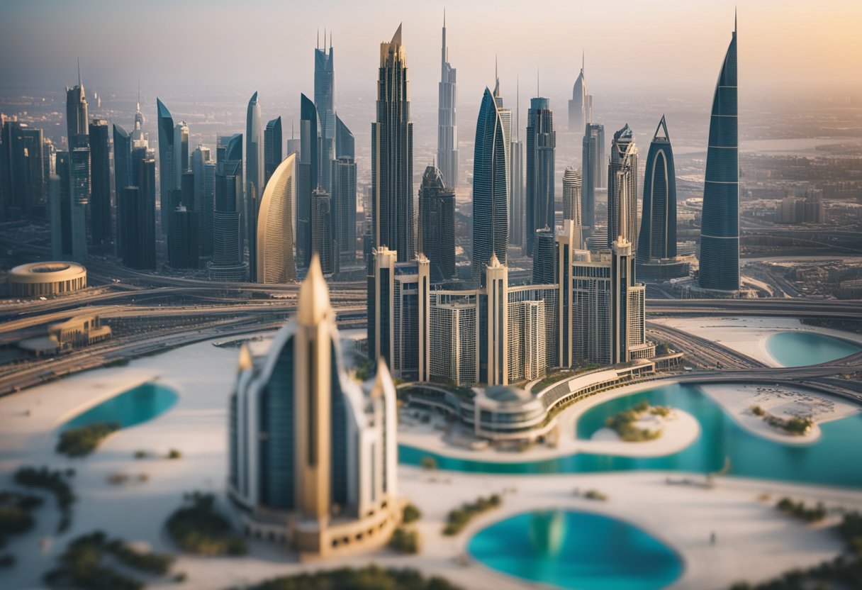 A modern skyline of Dubai with iconic landmarks, legal documents, and a scale representing justice, alongside a diverse group of people seeking legal services