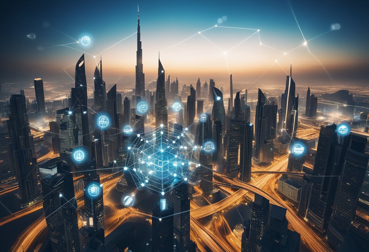 A bustling cityscape with skyscrapers and a network of interconnected technology symbols, representing the search for IT service providers in the UAE