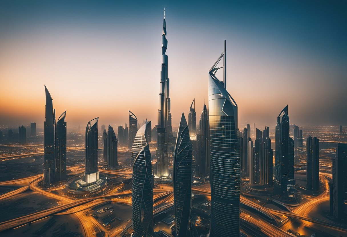 A bustling cityscape with skyscrapers and tech hubs, showcasing the vibrant IT industry in the UAE