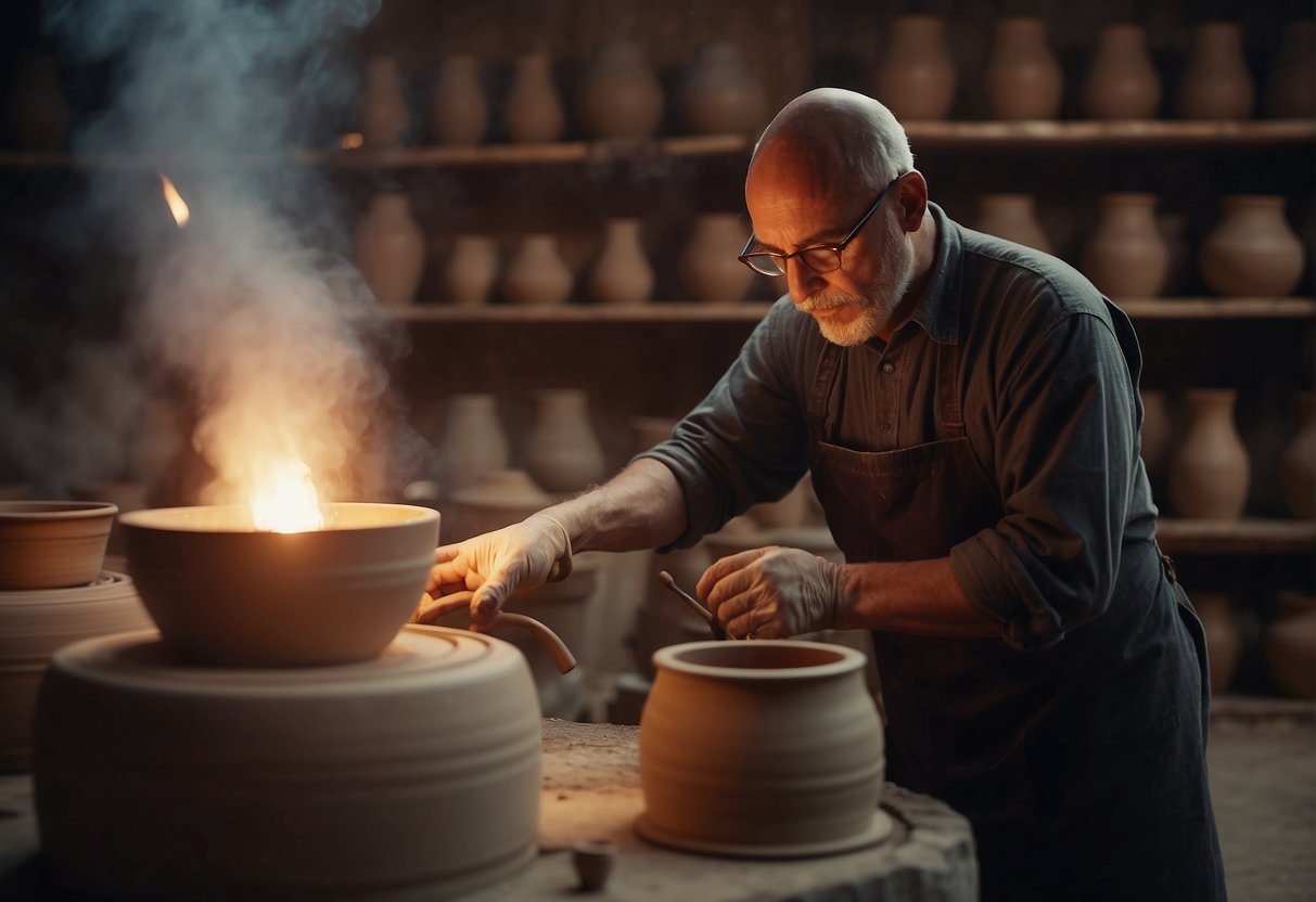 A potter shapes clay on a spinning wheel, then fires the ceramic pot in a kiln