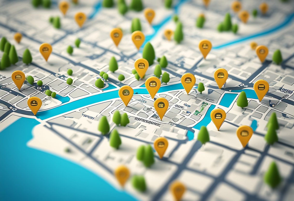 A map showing a city with local businesses highlighted, surrounded by icons representing search results and online reviews