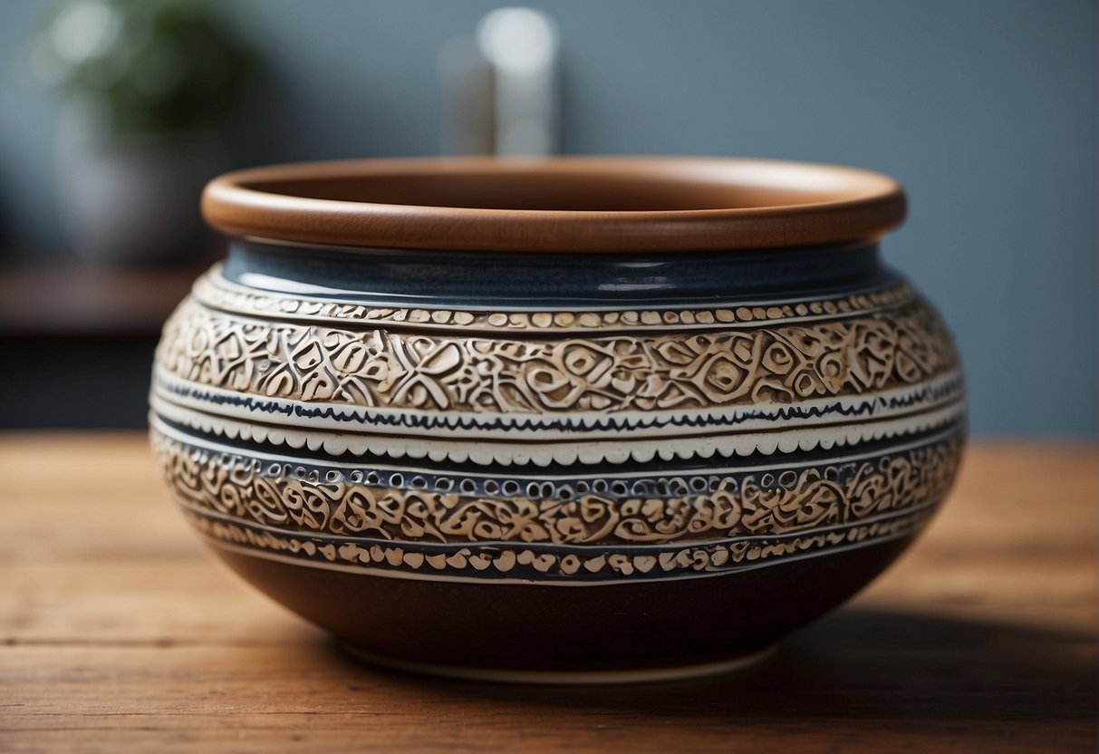 A small ceramic pot adorned with decorative techniques, featuring intricate patterns and textures, sitting on a wooden tabletop