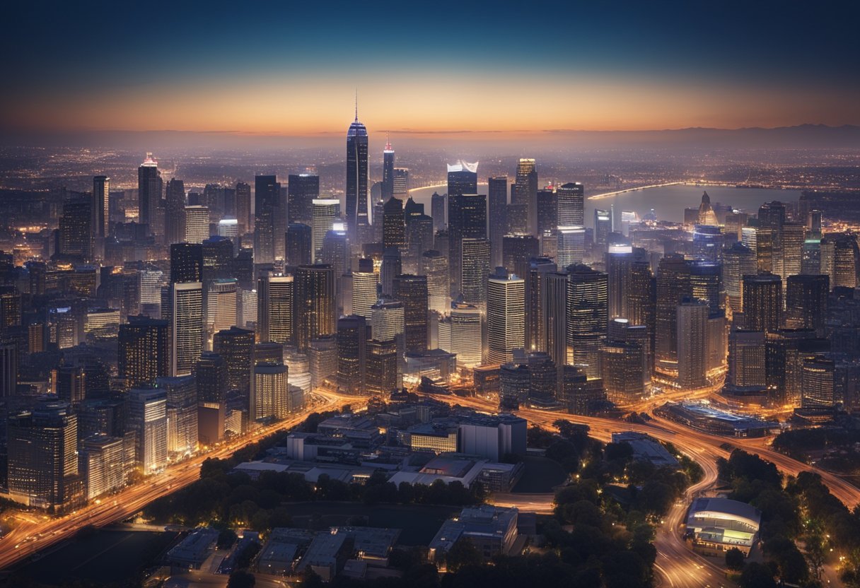 A city skyline with prominent local landmarks, surrounded by businesses and local attractions, with visible search engine results and map markers