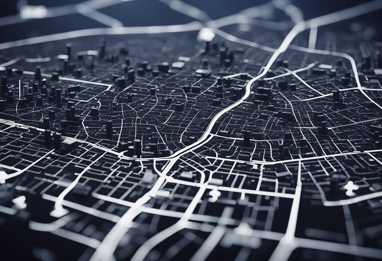 A city map with highlighted local businesses, reviews, and ratings