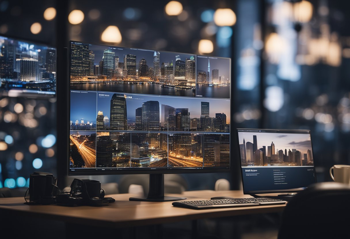 A city skyline with local businesses, maps, and online search results displayed on computer screens