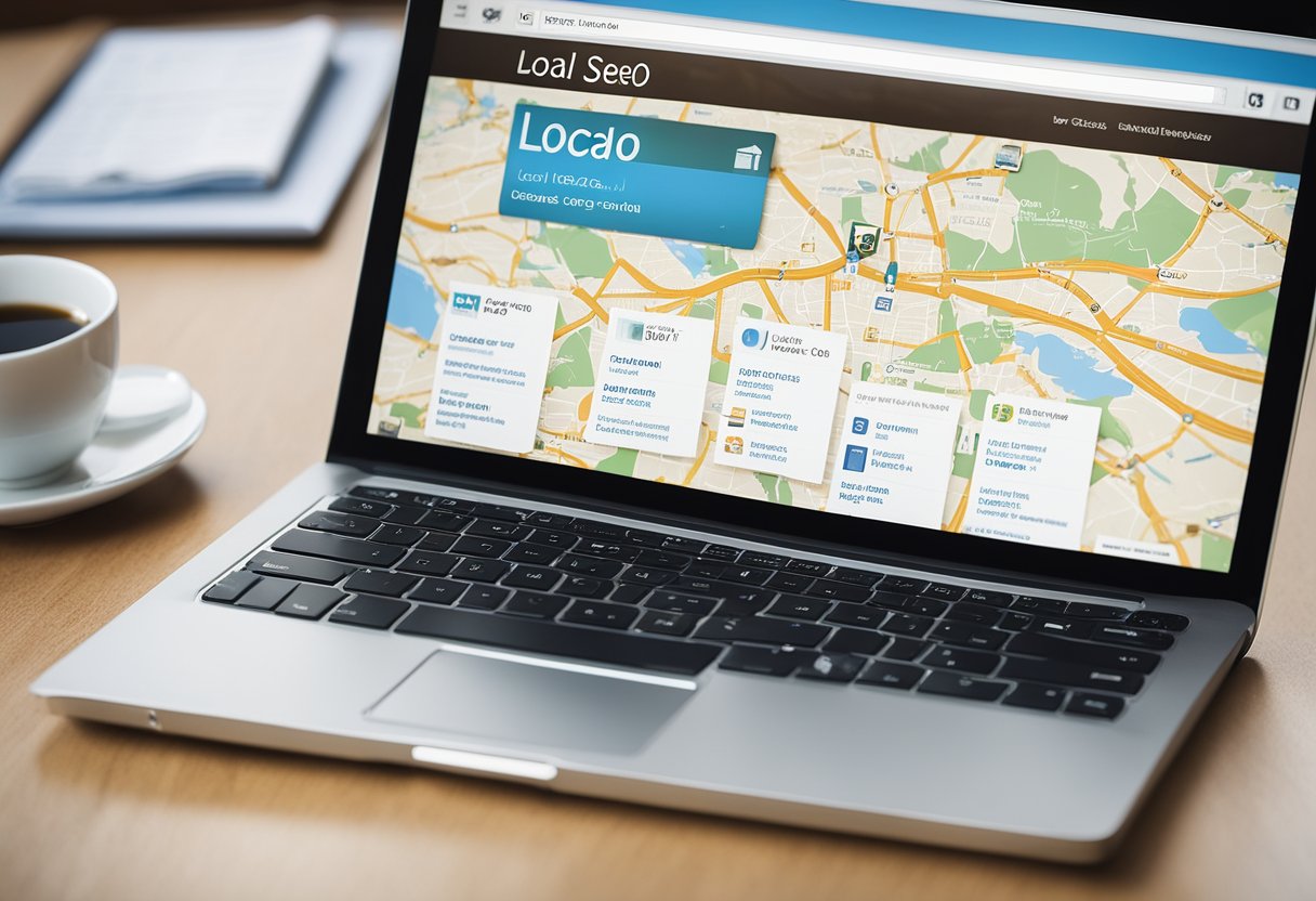A laptop displaying a website with 'Local SEO' in the search bar, surrounded by maps, business listings, and location-based keywords