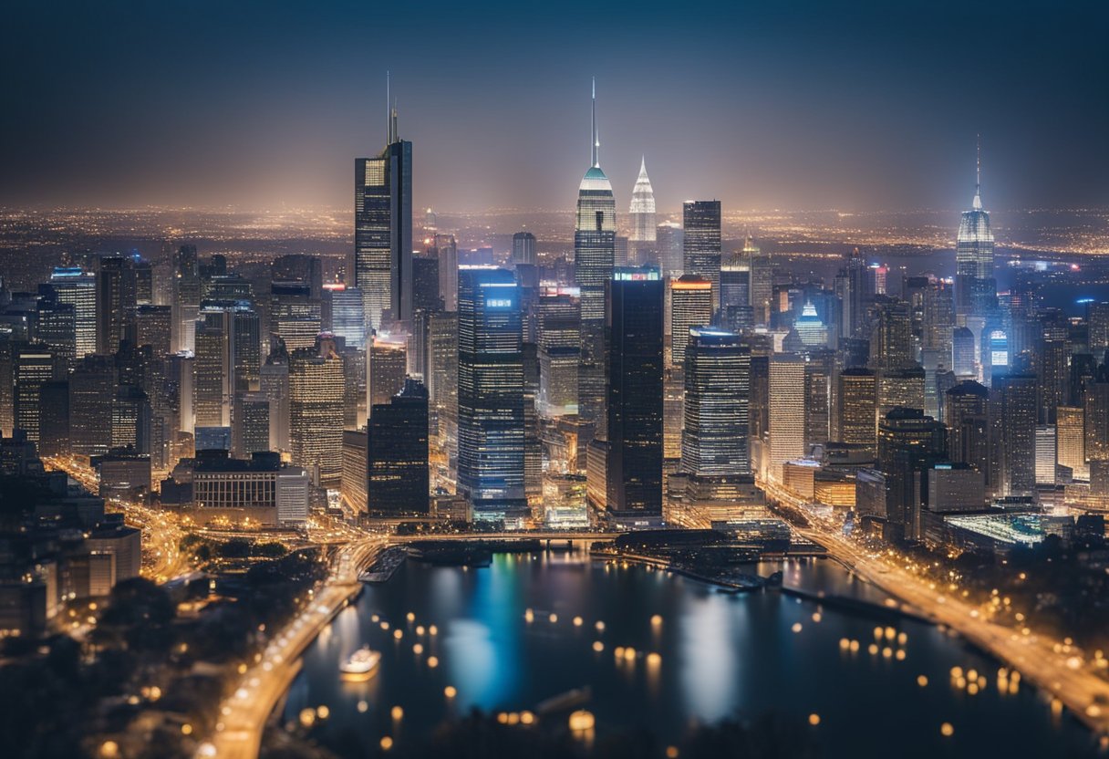 A city skyline with prominent local landmarks and businesses, surrounded by maps, reviews, and social media icons