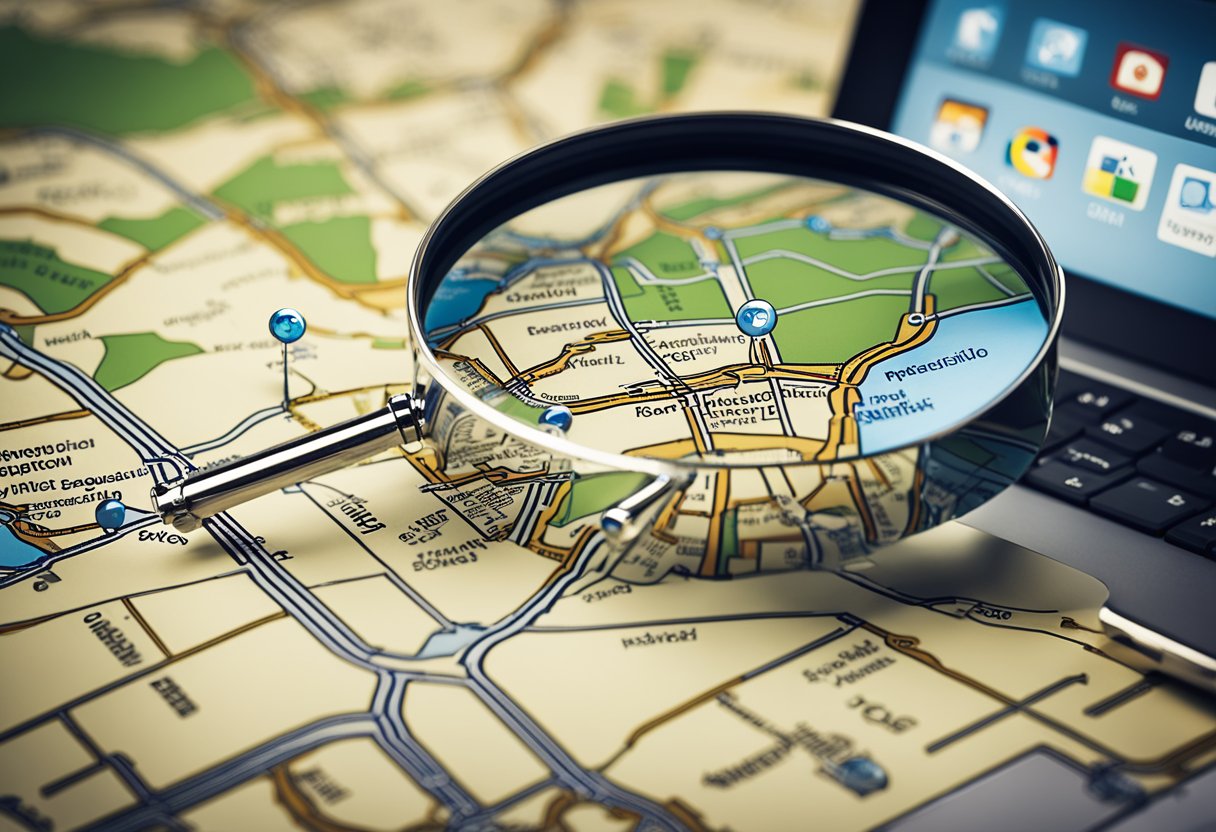 A map with location pins, a computer with SEO analytics, and a magnifying glass highlighting local search results