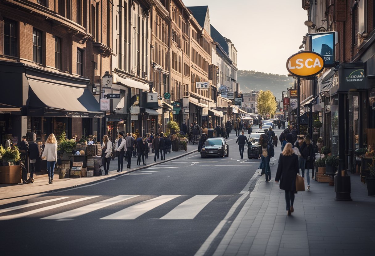 A busy city street with various shops and businesses, each displaying signs and logos emphasizing 'Local SEO' services