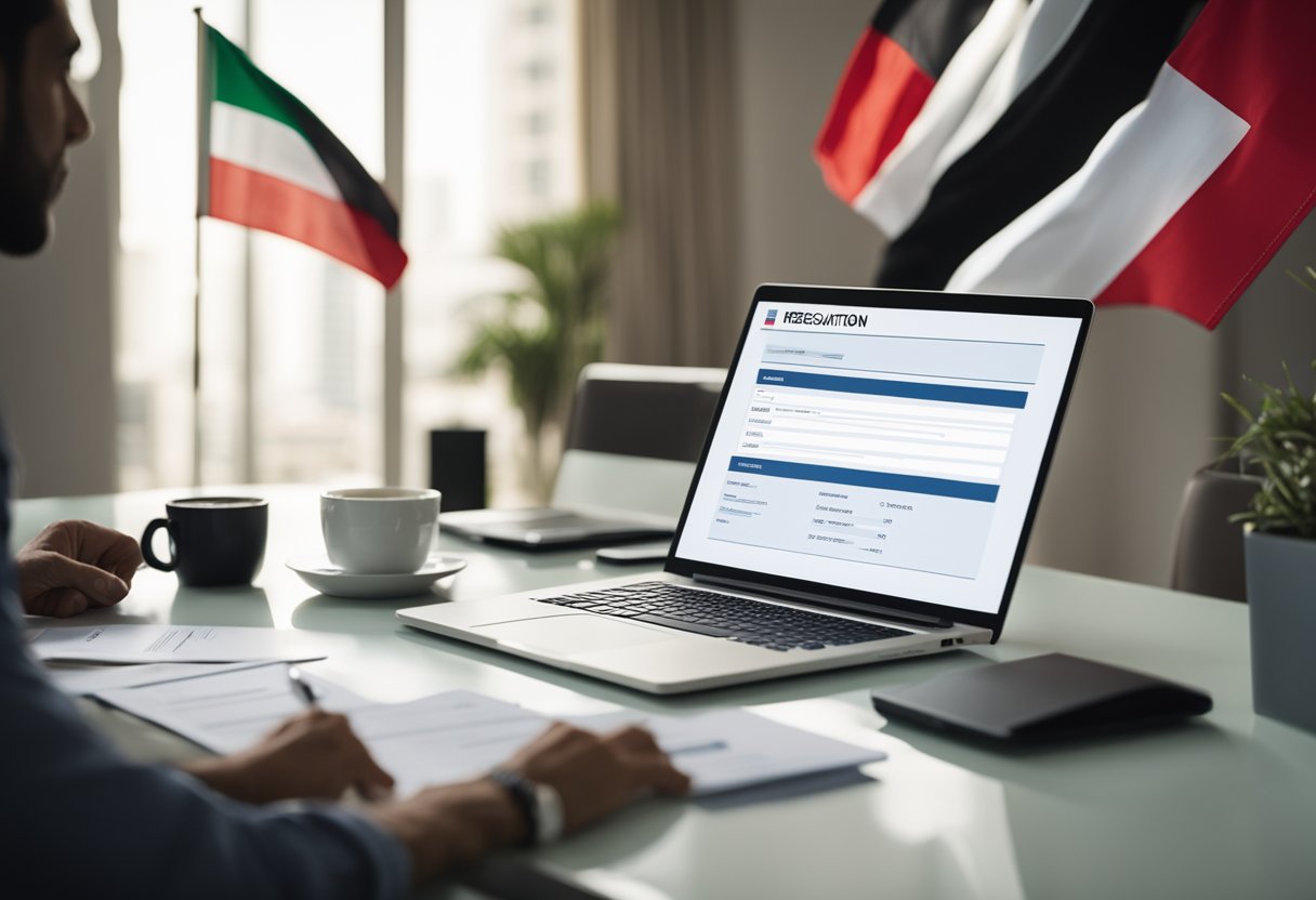 A person sits at a desk with a laptop, filling out AML registration forms. The room is well-lit with modern furniture and a UAE flag in the background