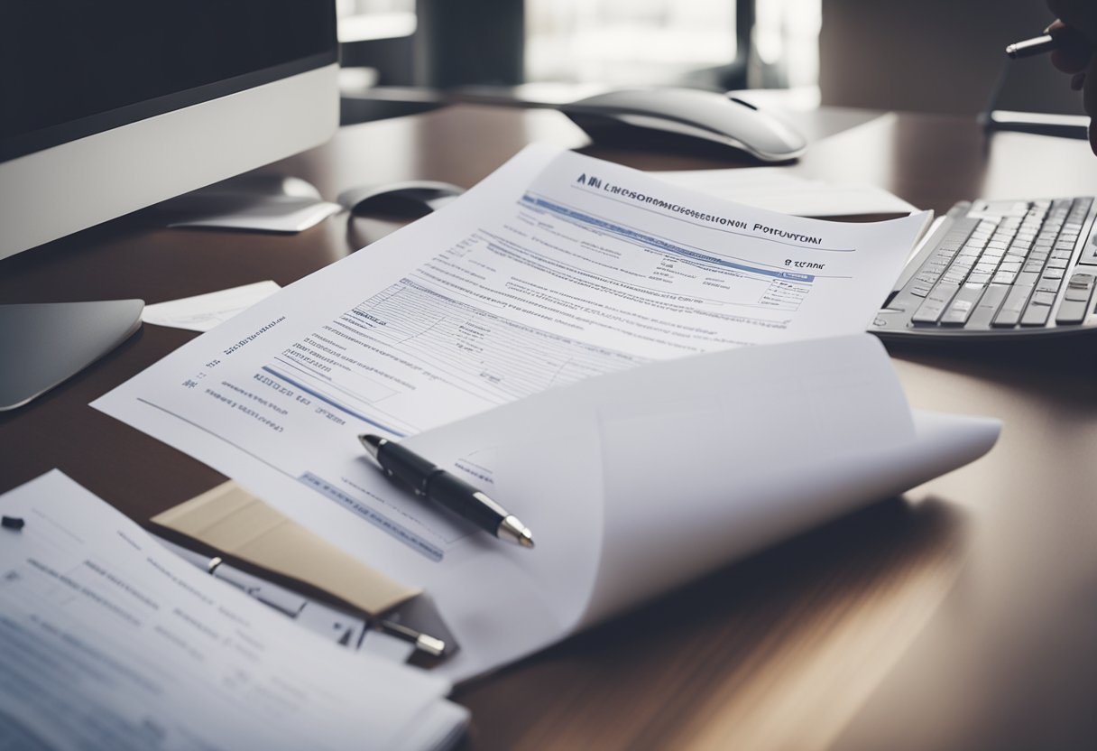 A person sitting at a desk with a computer, filling out AML registration forms. A stack of documents and a pen are visible on the desk