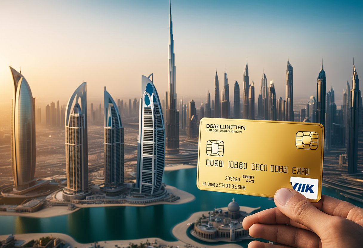 A luxurious Dubai skyline with a shining golden visa card floating above, surrounded by iconic landmarks and futuristic buildings