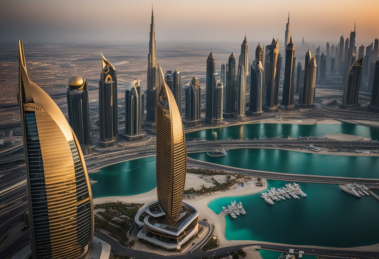 A luxurious Dubai skyline with a visa office in the foreground, showcasing the benefits and considerations of obtaining a Golden Visa in 2024