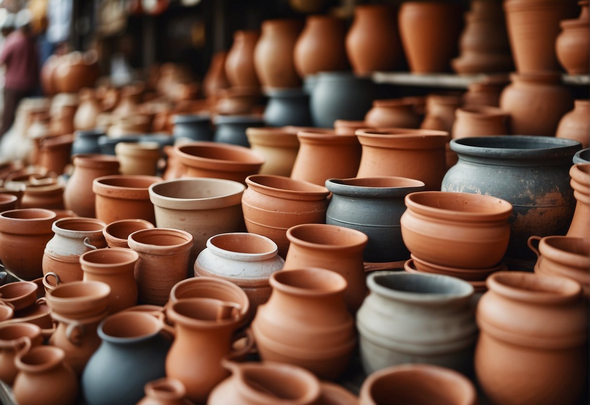 A crowded market stall displays various sizes of terracotta pots. Prices are advertised as "cheap" on hand-painted signs