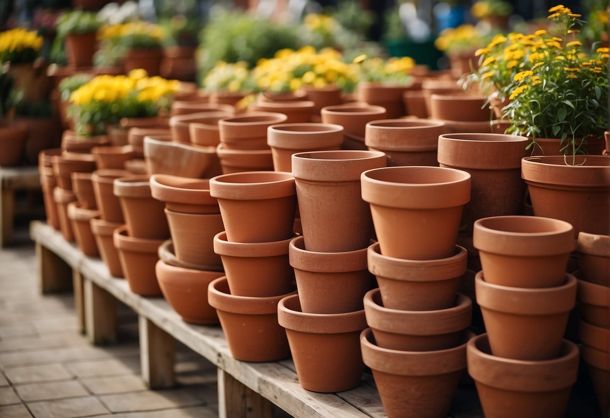 A display of terracotta pots in a garden center, showcasing their benefits. Signs point to "cheap terracotta pots" for sale