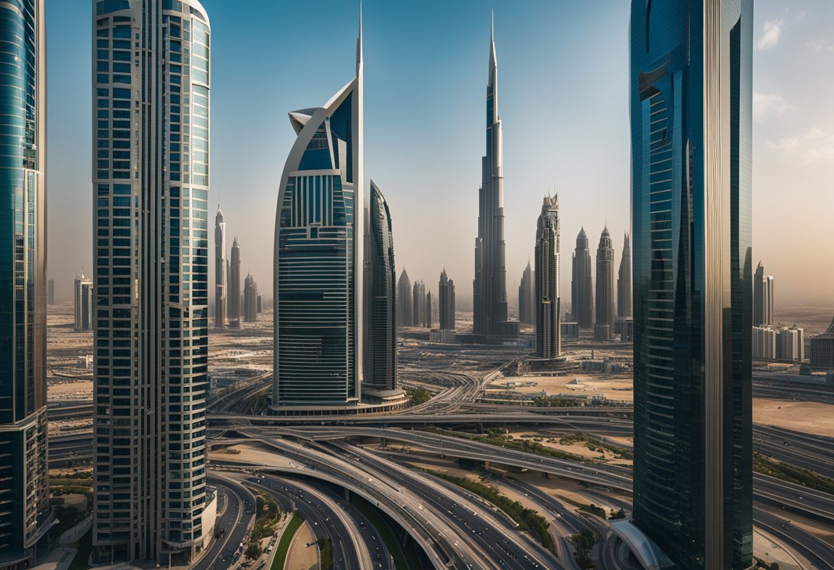 A bustling Dubai skyline with iconic buildings and modern infrastructure, showcasing elite PRO services for businesses in 2024