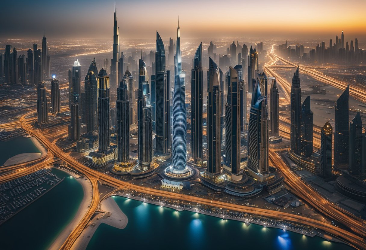 A bustling Dubai cityscape with iconic skyscrapers and a modern business district, featuring prominent PRO service firms and business setup agencies