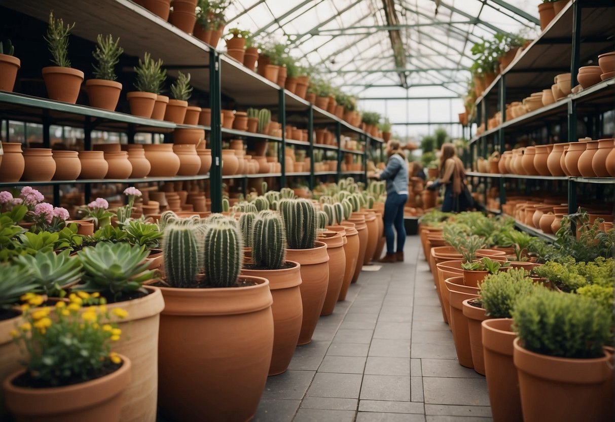 A bustling garden centre with rows of terracotta pots. A pottery shop with shelves of affordable planters. Customers browsing and selecting pots