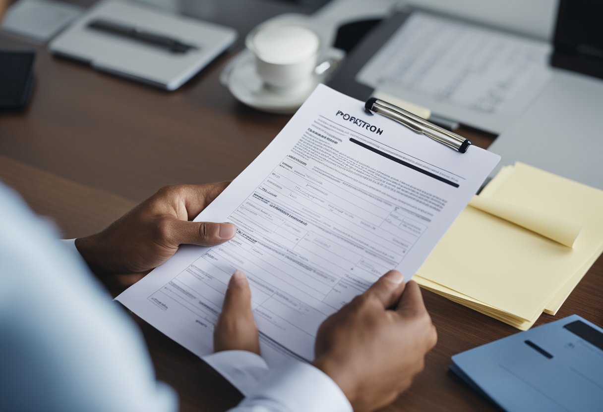 A person fills out forms at a government office. They submit paperwork, receive a registration certificate, and shake hands with officials