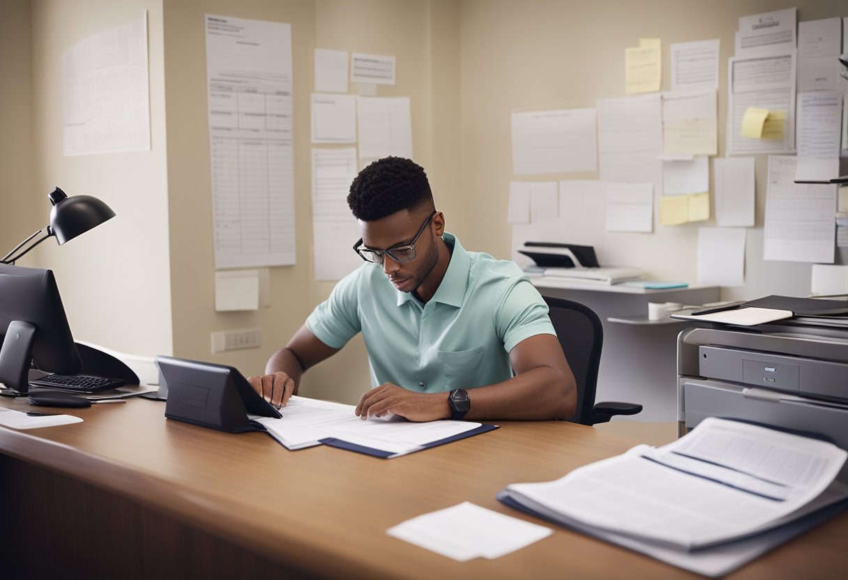 A desk with paperwork, a computer, and a person filling out forms. A sign with "Business Registration" in the background