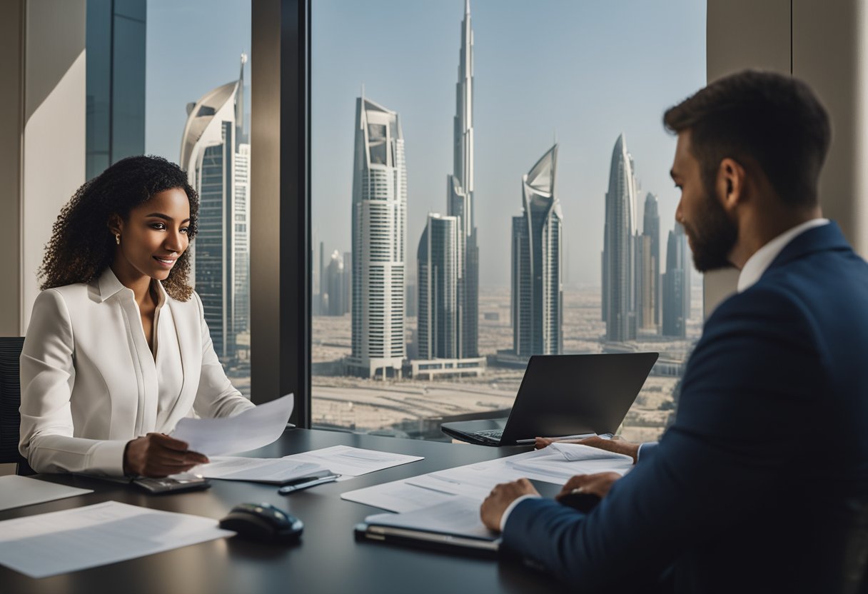 A business owner sits at a desk, filling out paperwork. A bank employee assists, guiding them through the account opening process. The UAE skyline is visible through the window