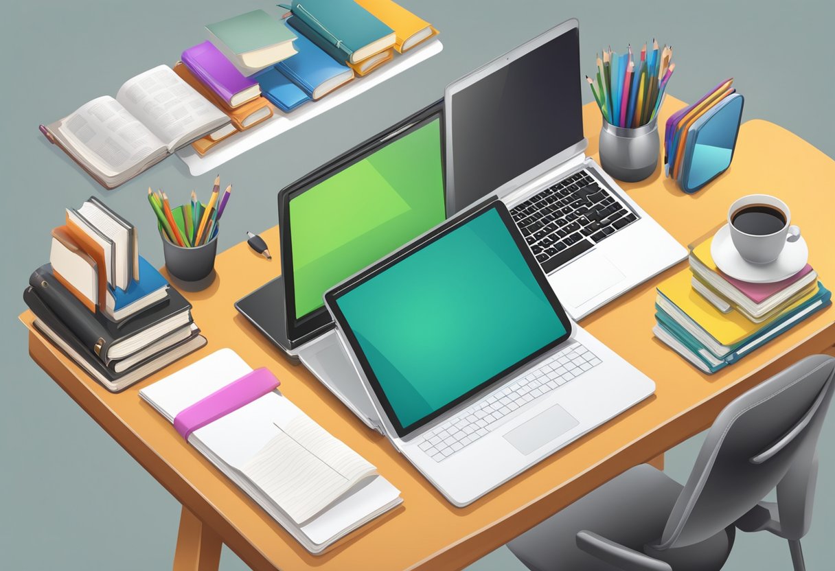 Using Educational Apps to Support Homework and Revision: Enhancing Study Habits Educational App LearningMole A student's desk with a laptop, tablet, and textbooks. Apps icons for homework and revision visible on the screen. A pencil and notebook nearby