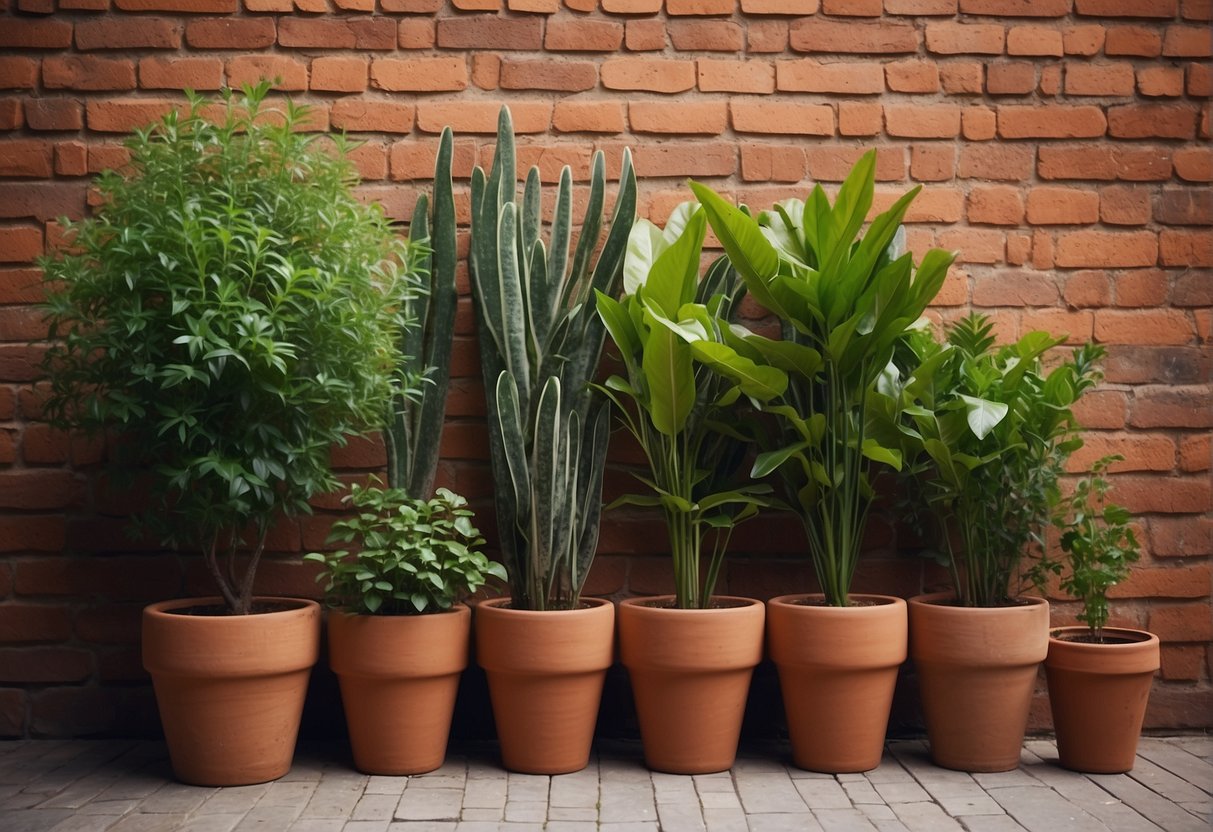 Tall terracotta pots arranged in a row, filled with vibrant green plants, set against a backdrop of a rustic brick wall