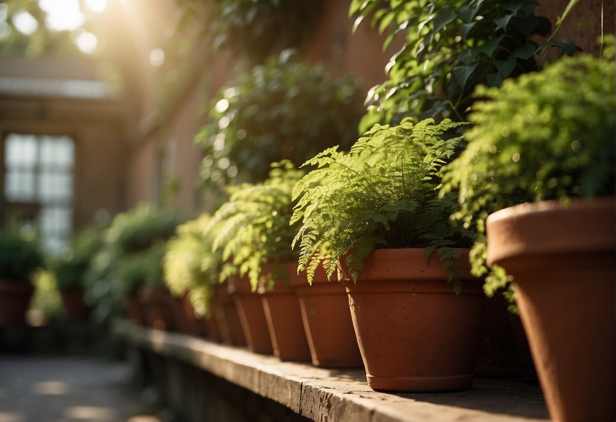 Sunlight filters through the leaves, casting shadows on the tall terracotta pots. Moss and vines cling to the aged clay, adding texture and character to the scene