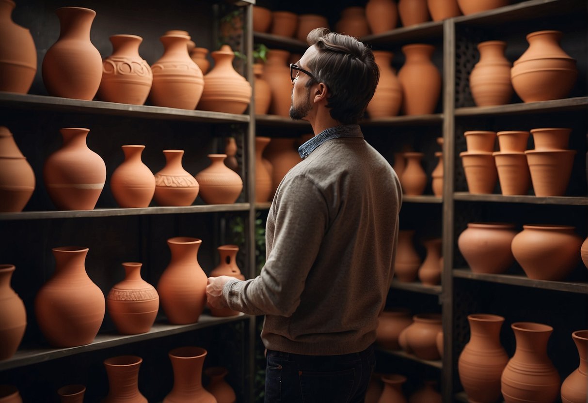 A person selecting a tall terracotta pot from a variety of options on a shelf