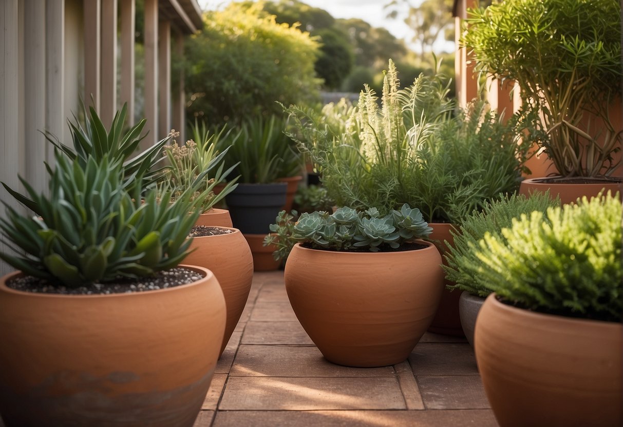 Several large terracotta pots are arranged in a sunny Australian backyard, filled with vibrant green plants and surrounded by native flora